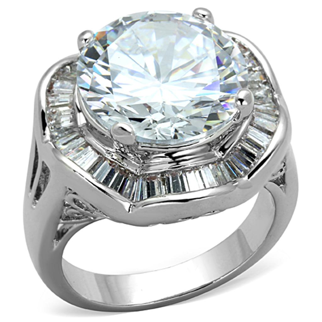 3W589 Rhodium Brass Ring featuring a clear AAA Grade CZ stone, showcasing its elegant design and shiny finish.