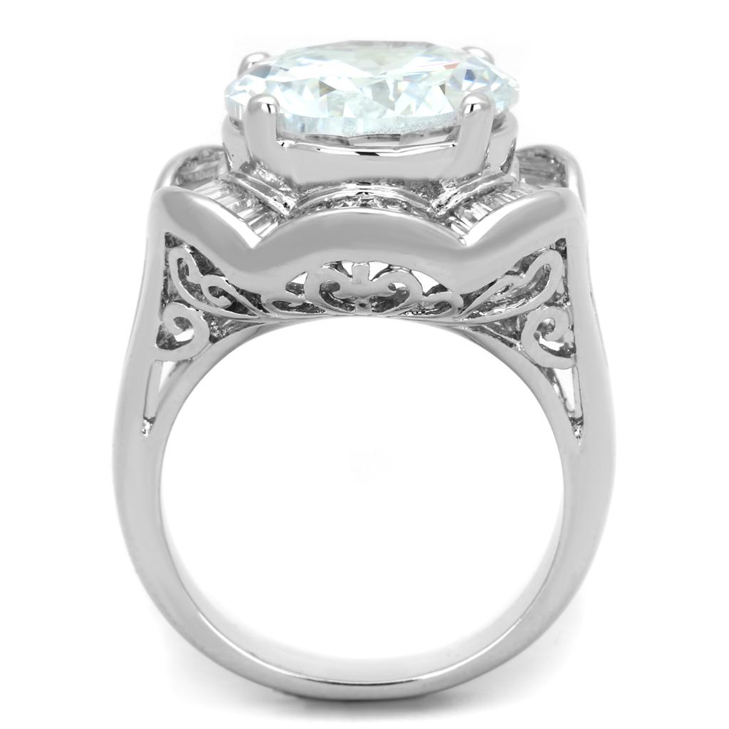 3W589 Rhodium Brass Ring featuring a clear AAA Grade CZ stone, showcasing its elegant design and shiny finish.