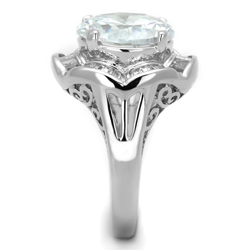 3W589 Rhodium Brass Ring featuring a clear AAA Grade CZ stone, showcasing its elegant design and shiny finish.