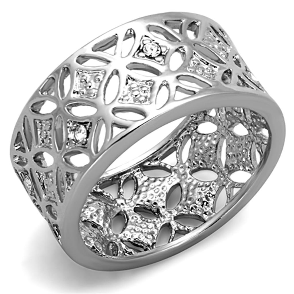 3W590 Rhodium Brass Ring featuring a clear top grade crystal, showcasing its elegant design and shiny finish.