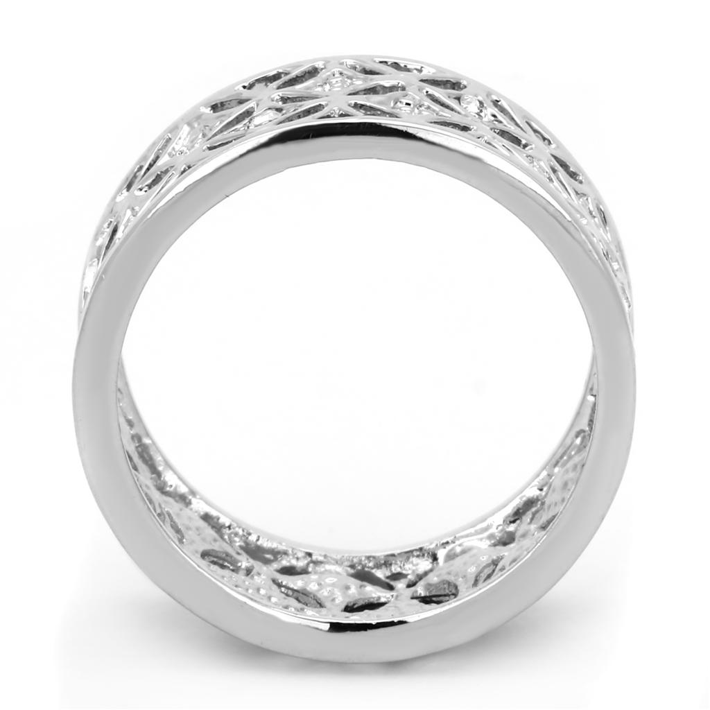 3W590 Rhodium Brass Ring featuring a clear top grade crystal, showcasing its elegant design and shiny finish.