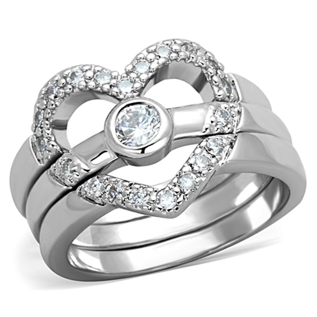 3W591 Rhodium Brass Ring featuring a clear AAA Grade CZ stone, showcasing its elegant design and shiny finish.