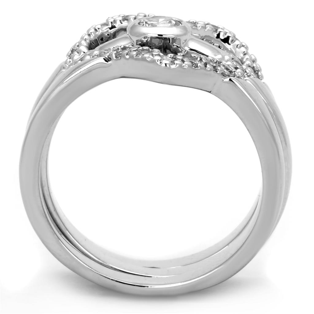 3W591 Rhodium Brass Ring featuring a clear AAA Grade CZ stone, showcasing its elegant design and shiny finish.