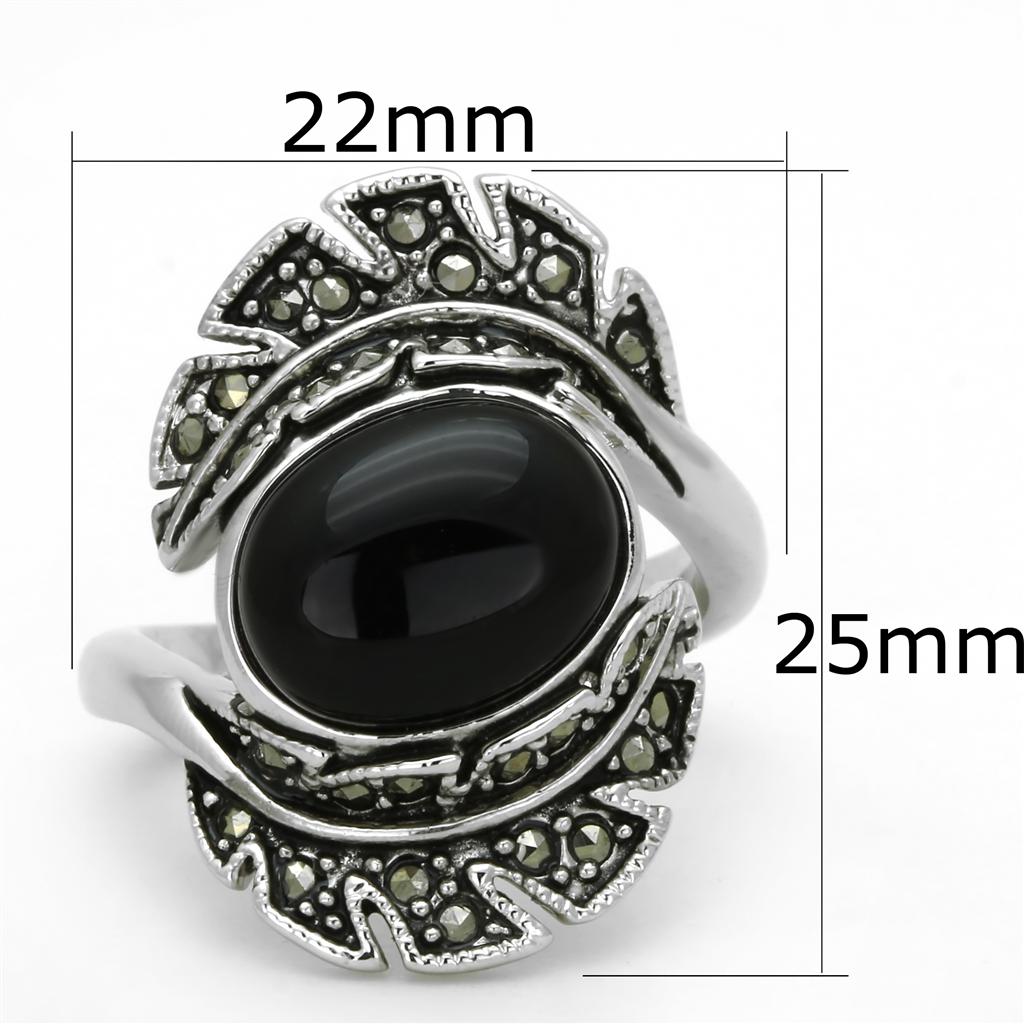 3W597 Rhodium Brass Ring featuring a synthetic onyx stone in jet black color, showcasing its elegant design and luxurious finish.