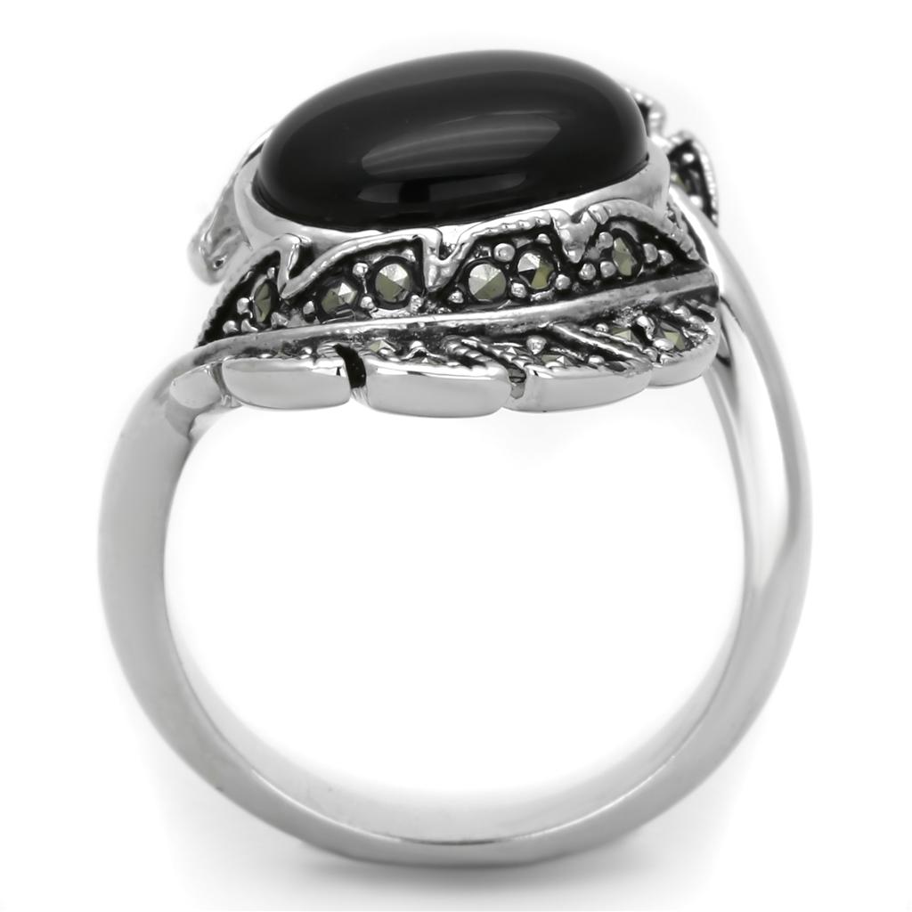 3W597 Rhodium Brass Ring featuring a synthetic onyx stone in jet black color, showcasing its elegant design and luxurious finish.