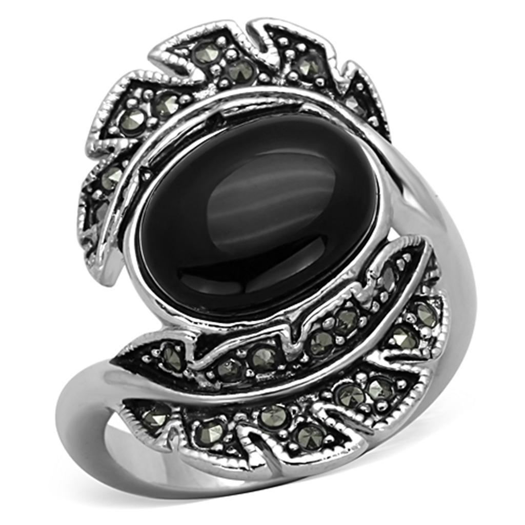 3W597 Rhodium Brass Ring featuring a synthetic onyx stone in jet black color, showcasing its elegant design and luxurious finish.