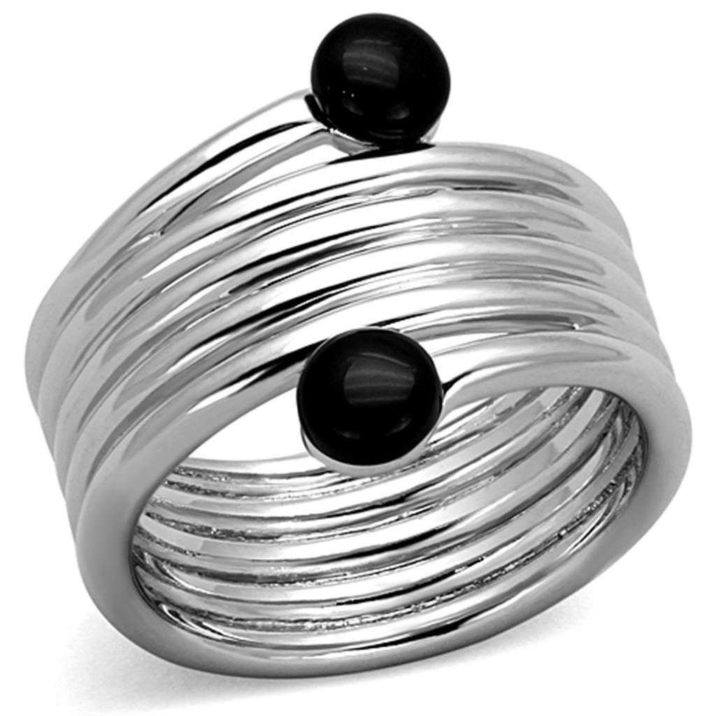 3W602 Rhodium Brass Ring featuring a synthetic onyx stone in jet black color, elegantly designed for any occasion.