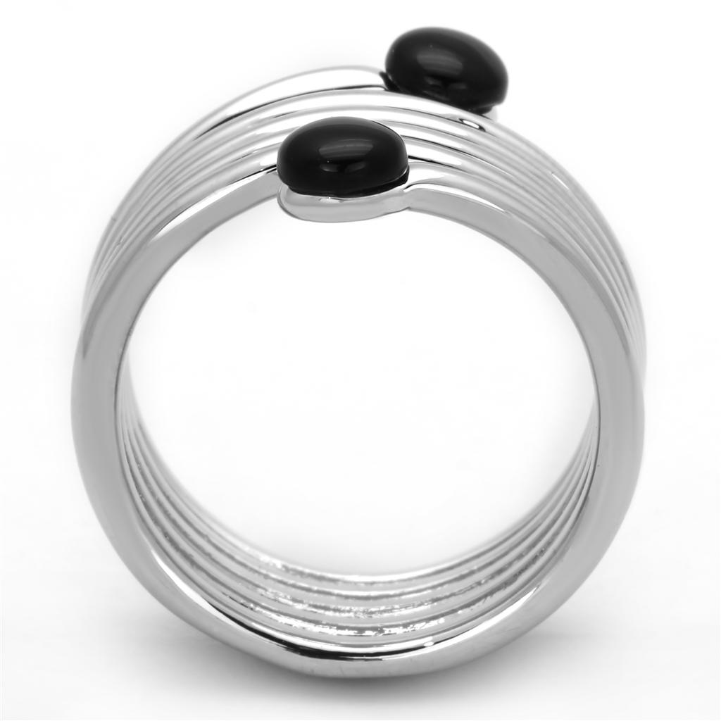 3W602 Rhodium Brass Ring featuring a synthetic onyx stone in jet black color, elegantly designed for any occasion.