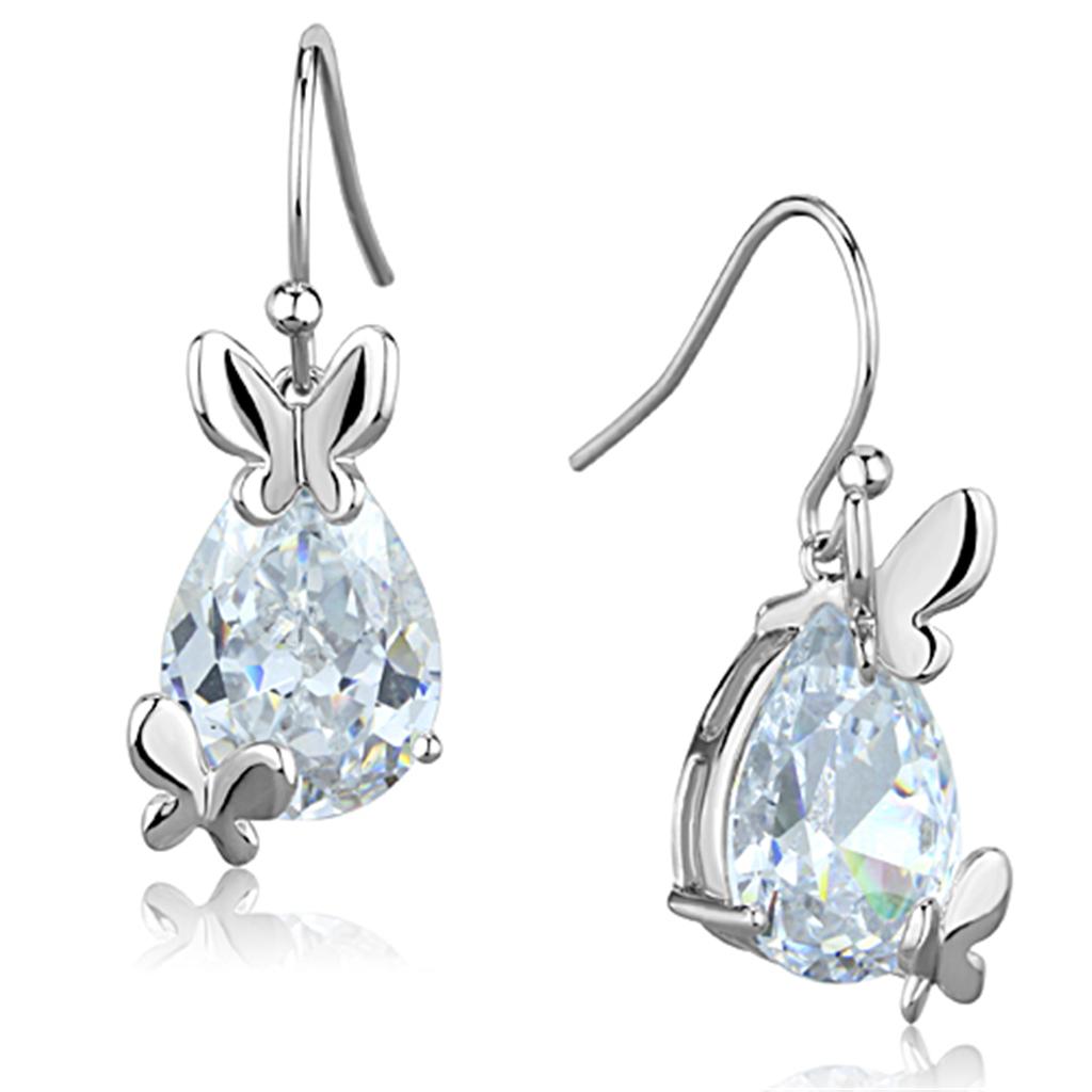 Elegant 3W622 Rhodium Brass Earrings featuring AAA Grade Clear CZ stone, showcasing a luxurious design.