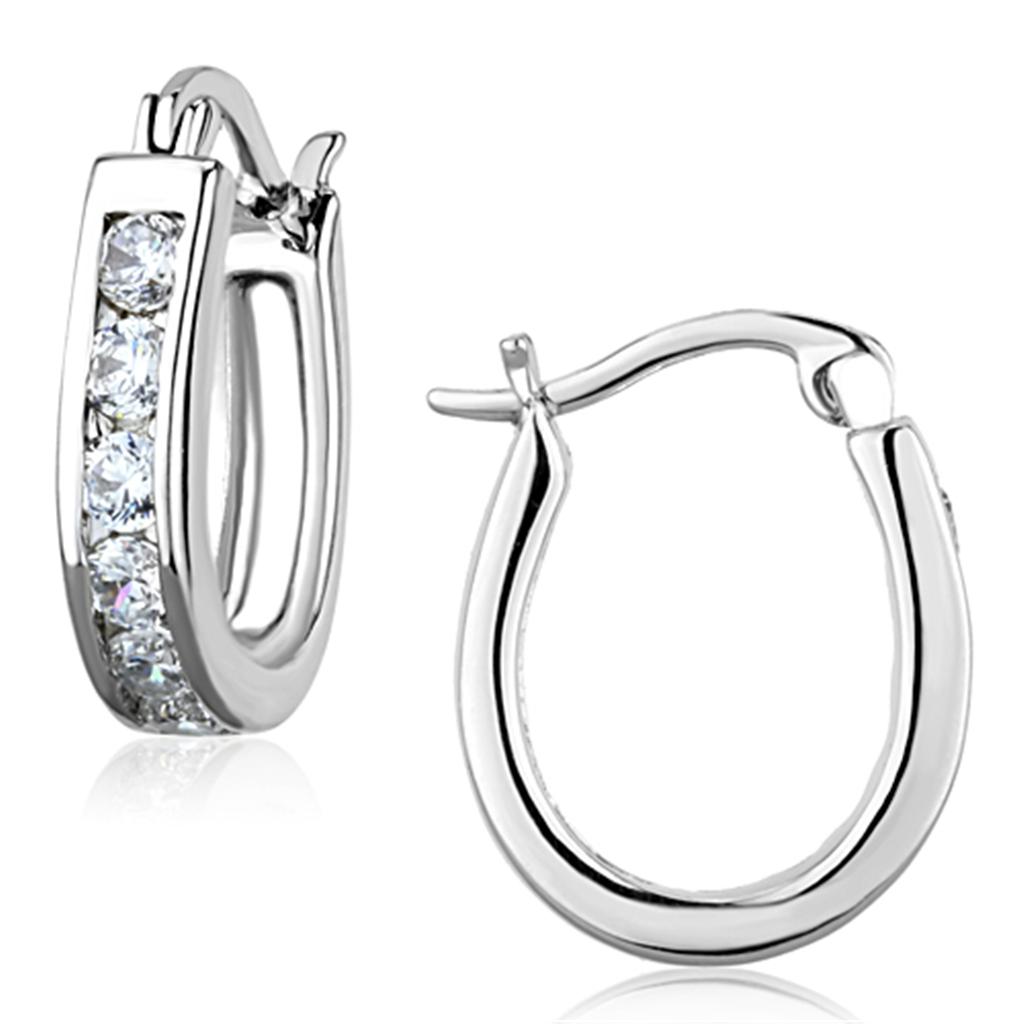 Elegant 3W627 Rhodium Brass Earrings featuring AAA Grade Clear CZ stone, showcasing a luxurious design.