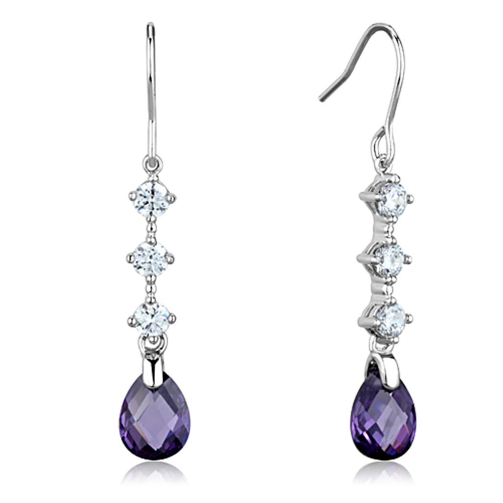 Elegant 3W635 Rhodium Brass Earrings featuring AAA Grade CZ in Amethyst, showcasing their stunning design and color.