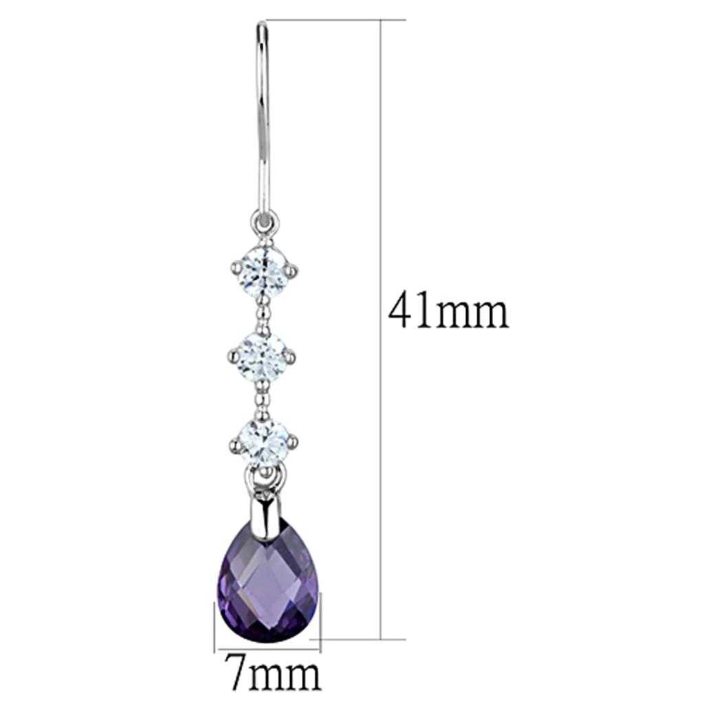 Elegant 3W635 Rhodium Brass Earrings featuring AAA Grade CZ in Amethyst, showcasing their stunning design and color.