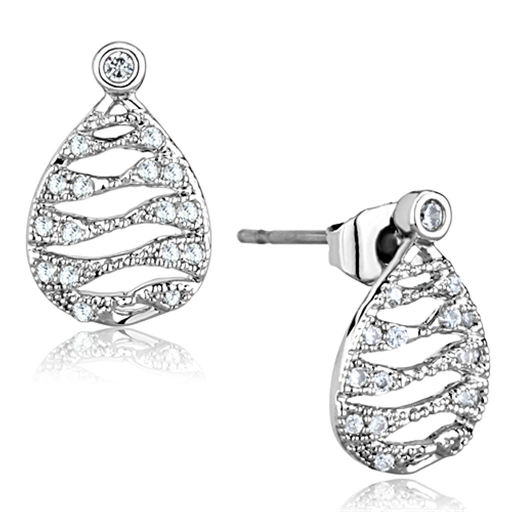 Elegant 3W664 Rhodium Brass Earrings featuring AAA Grade Clear CZ stone, showcasing their stunning design and luxurious finish.