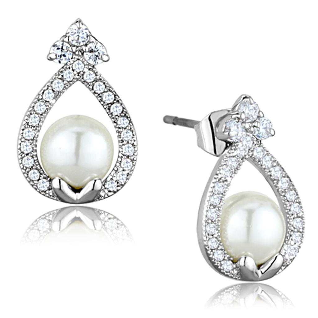 Elegant 3W665 Rhodium Brass Earrings featuring a white synthetic pearl, showcasing a luxurious design.