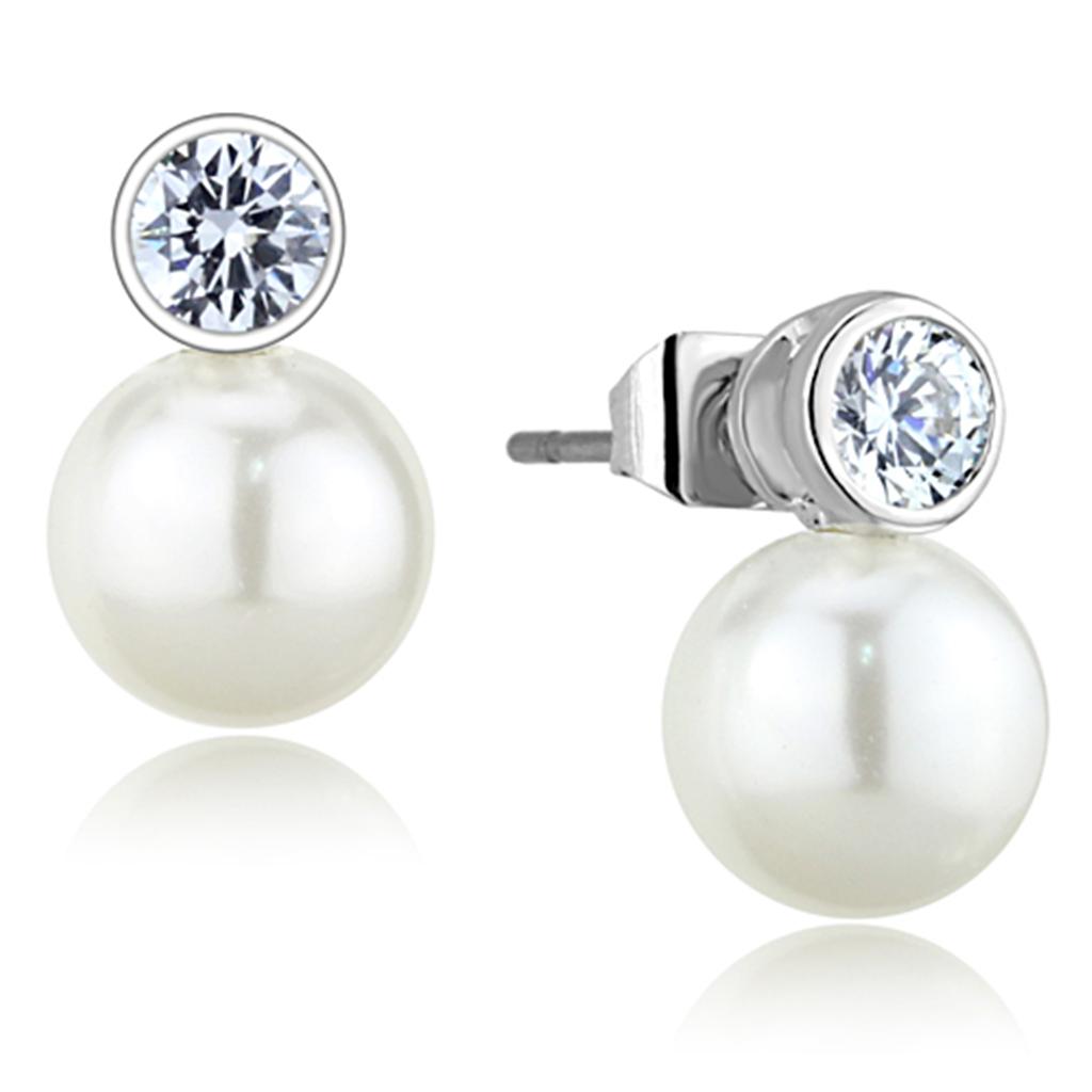 Elegant 3W681 Rhodium Brass Earrings featuring a white synthetic pearl centerpiece, showcasing a shiny finish.