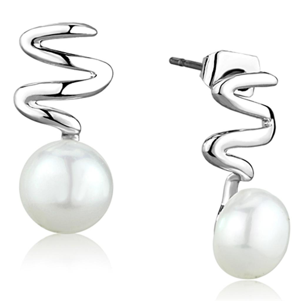 Elegant 3W687 Rhodium Brass Earrings featuring a white synthetic pearl, showcasing a shiny finish and lightweight design.