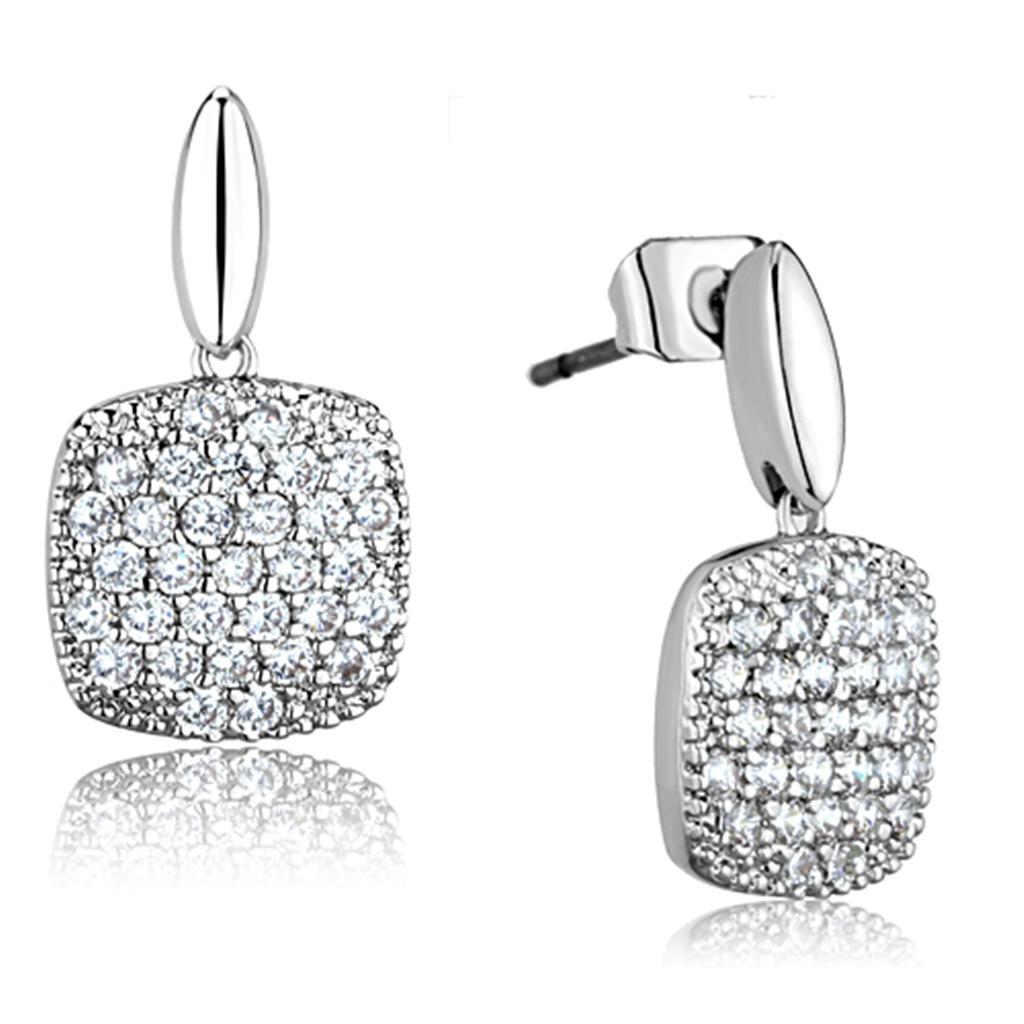 Elegant 3W691 Rhodium Brass Earrings featuring AAA Grade Clear CZ stone, showcasing a luxurious design and sparkling finish.