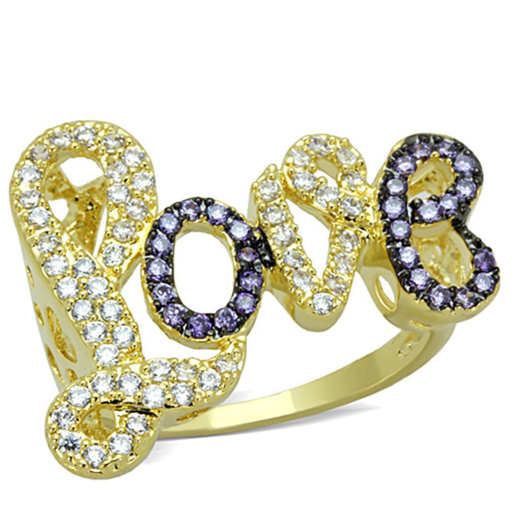 3W777 Gold and Ruthenium Brass Ring featuring AAA Grade CZ in Amethyst, showcasing its elegant design and vibrant color.