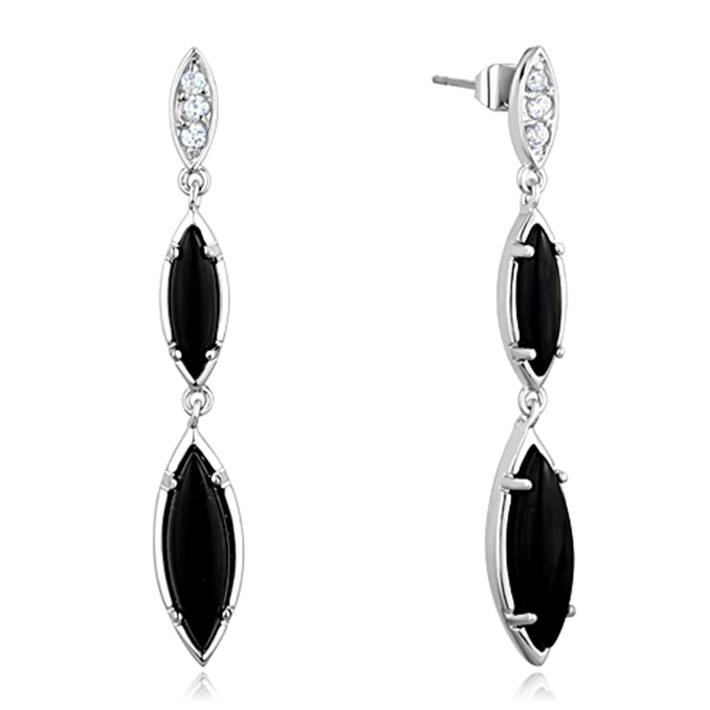 Elegant 3W702 Rhodium Brass Earrings featuring synthetic onyx in jet color, showcasing a modern design and luxurious finish.