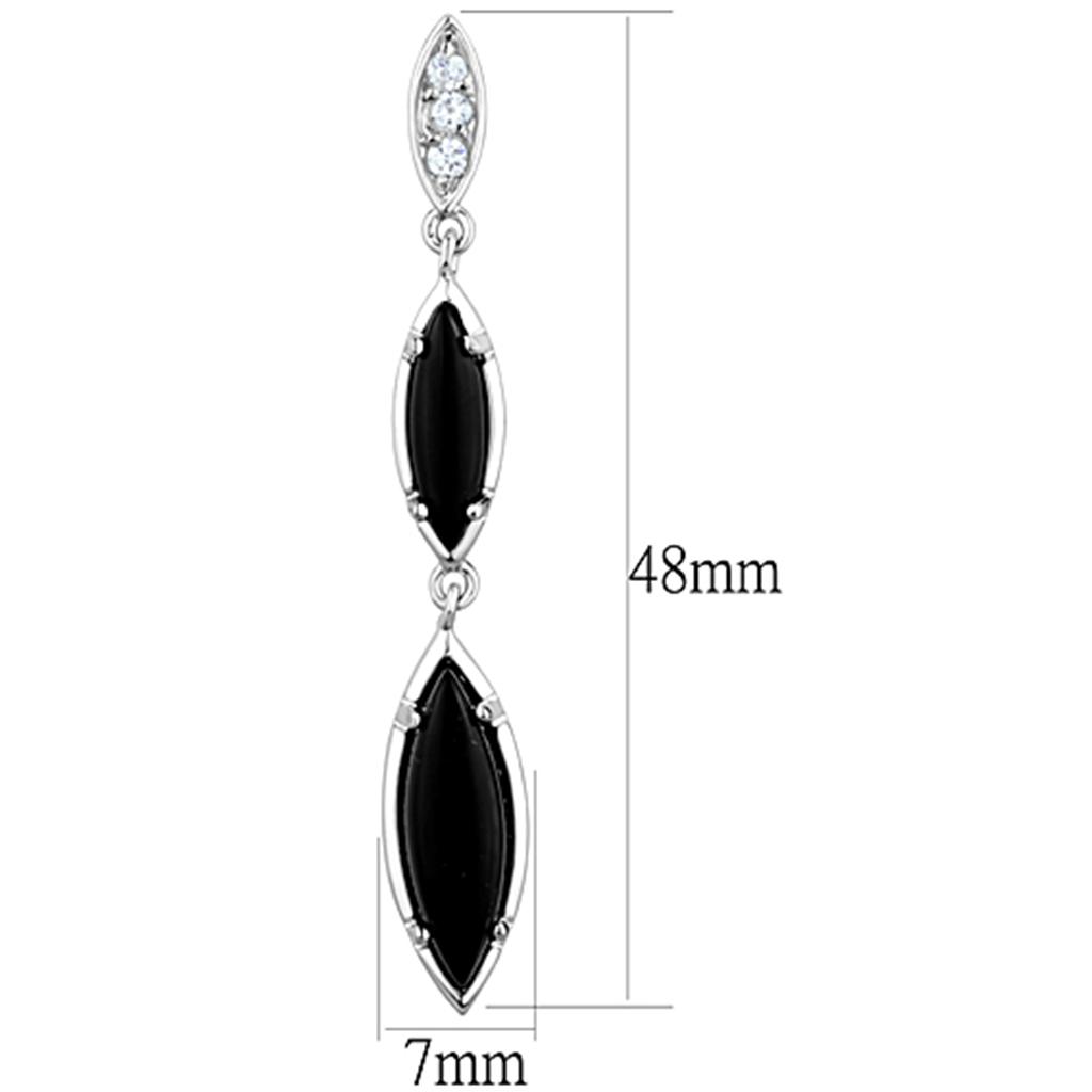 Elegant 3W702 Rhodium Brass Earrings featuring synthetic onyx in jet color, showcasing a modern design and luxurious finish.