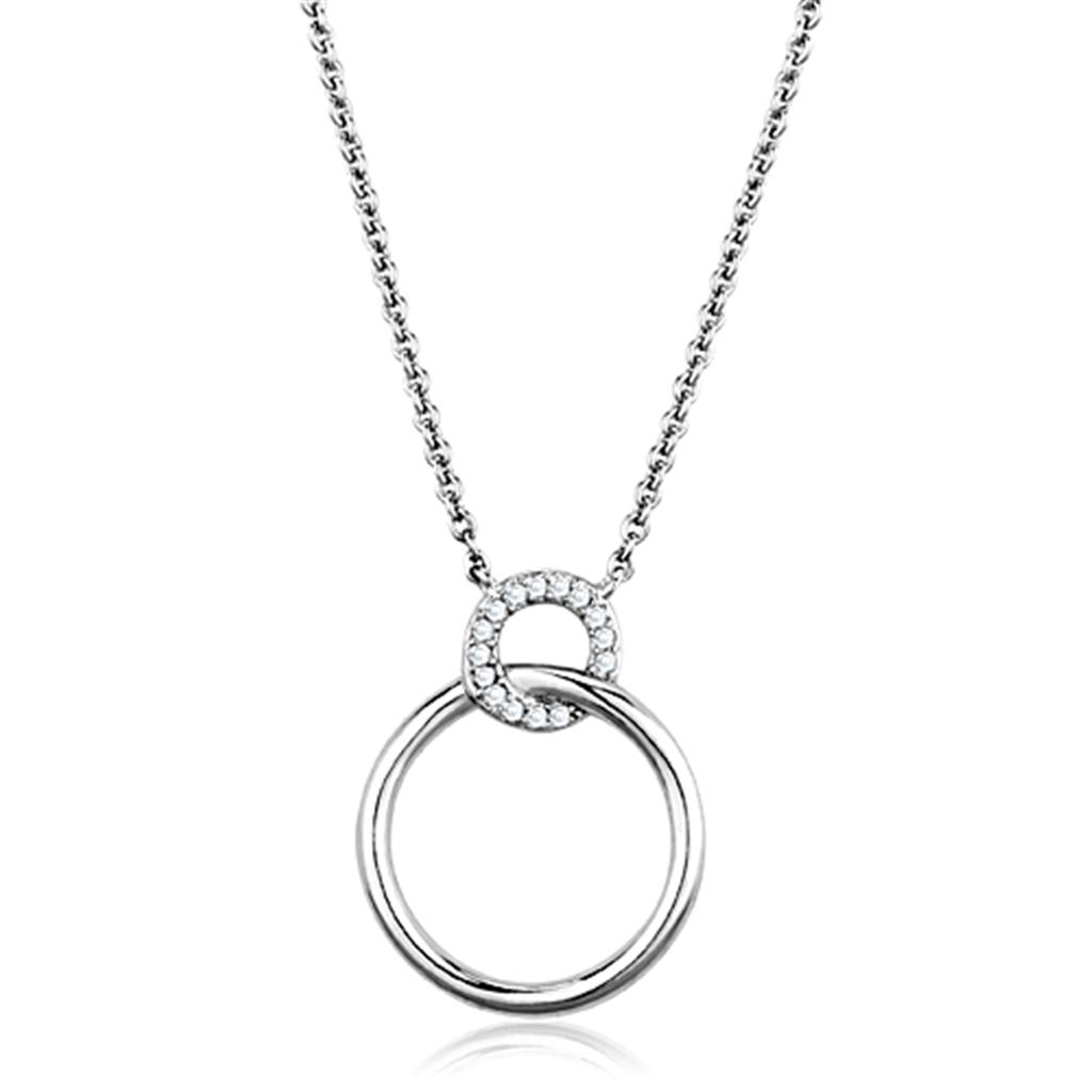 3W717 Rhodium Brass Necklace featuring a clear AAA Grade CZ stone, elegantly designed for versatile wear.