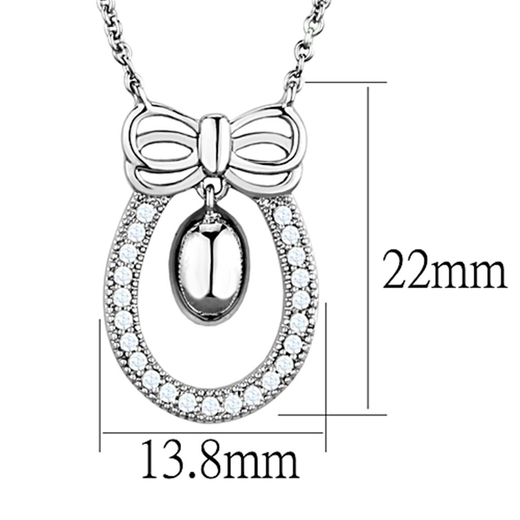 3W718 Rhodium Brass Necklace featuring AAA Grade Clear CZ, showcasing its elegant design and sparkling centerpiece.