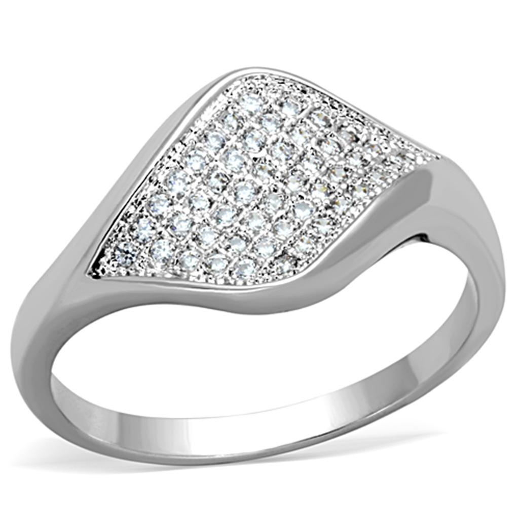 3W726 Rhodium Brass Ring featuring a clear AAA Grade CZ stone, showcasing its elegant design and shiny finish.