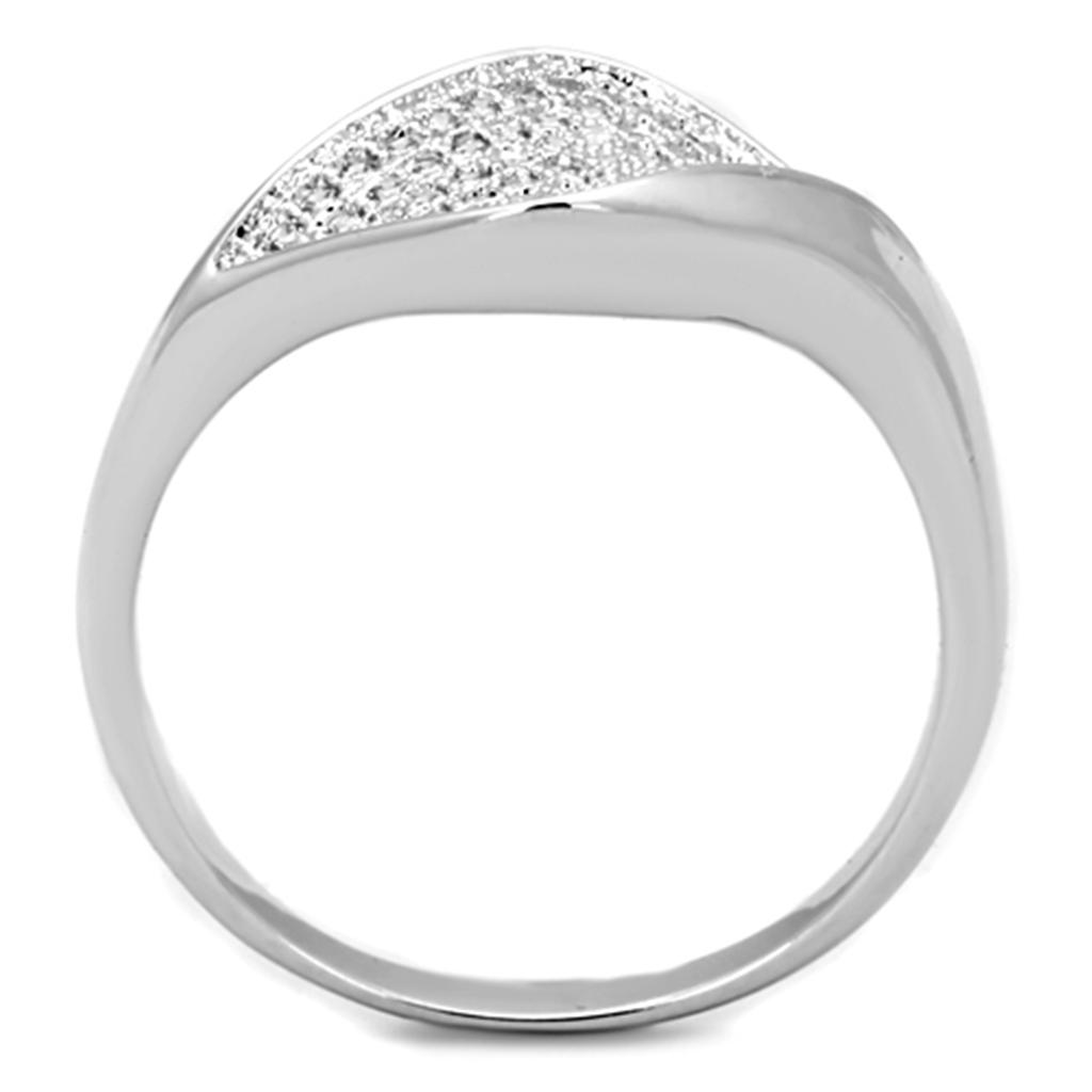 3W726 Rhodium Brass Ring featuring a clear AAA Grade CZ stone, showcasing its elegant design and shiny finish.