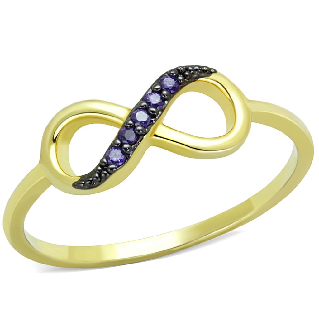 3W727 Gold and Ruthenium Brass Ring featuring AAA Grade CZ in Tanzanite, showcasing its elegant design and vibrant color.