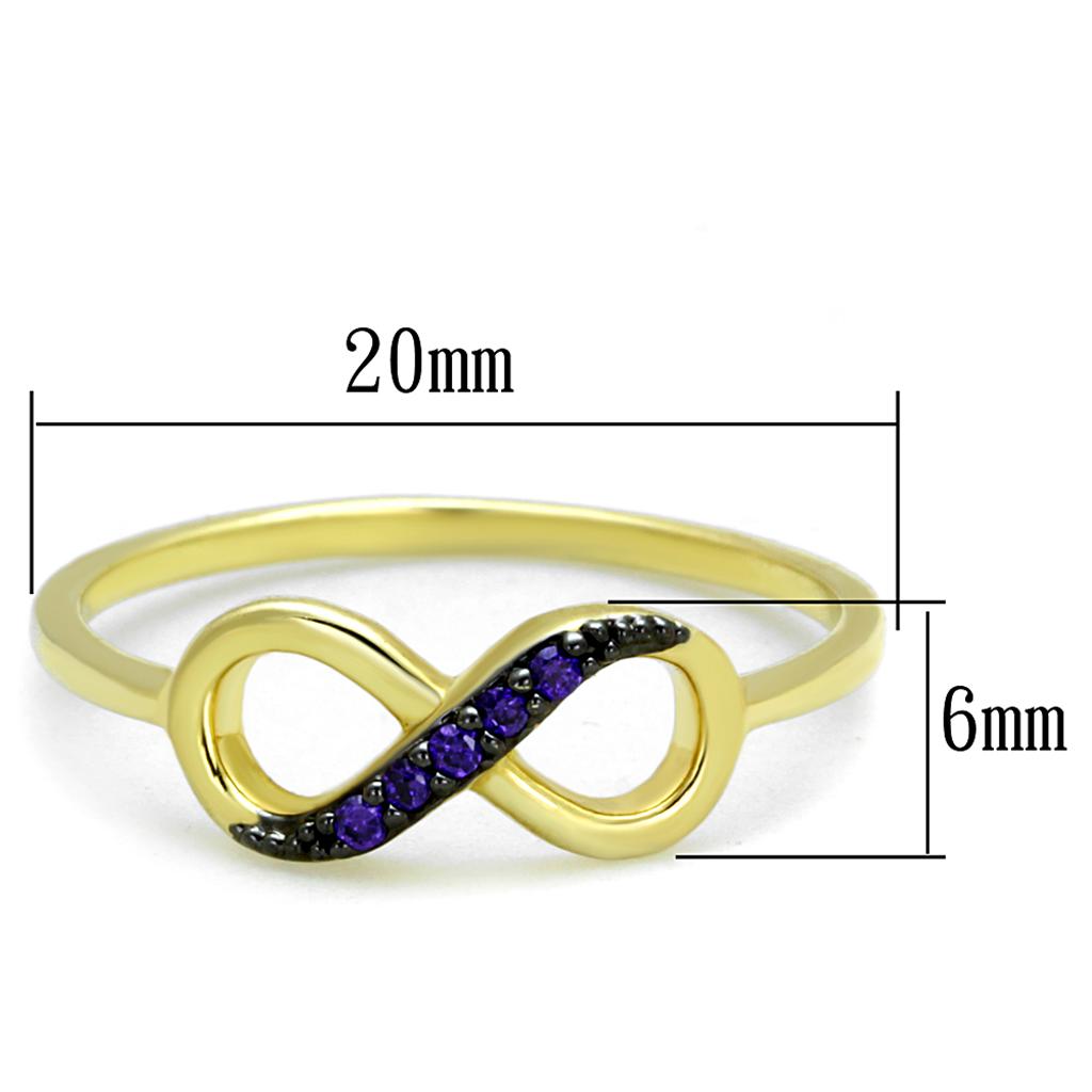 3W727 Gold and Ruthenium Brass Ring featuring AAA Grade CZ in Tanzanite, showcasing its elegant design and vibrant color.