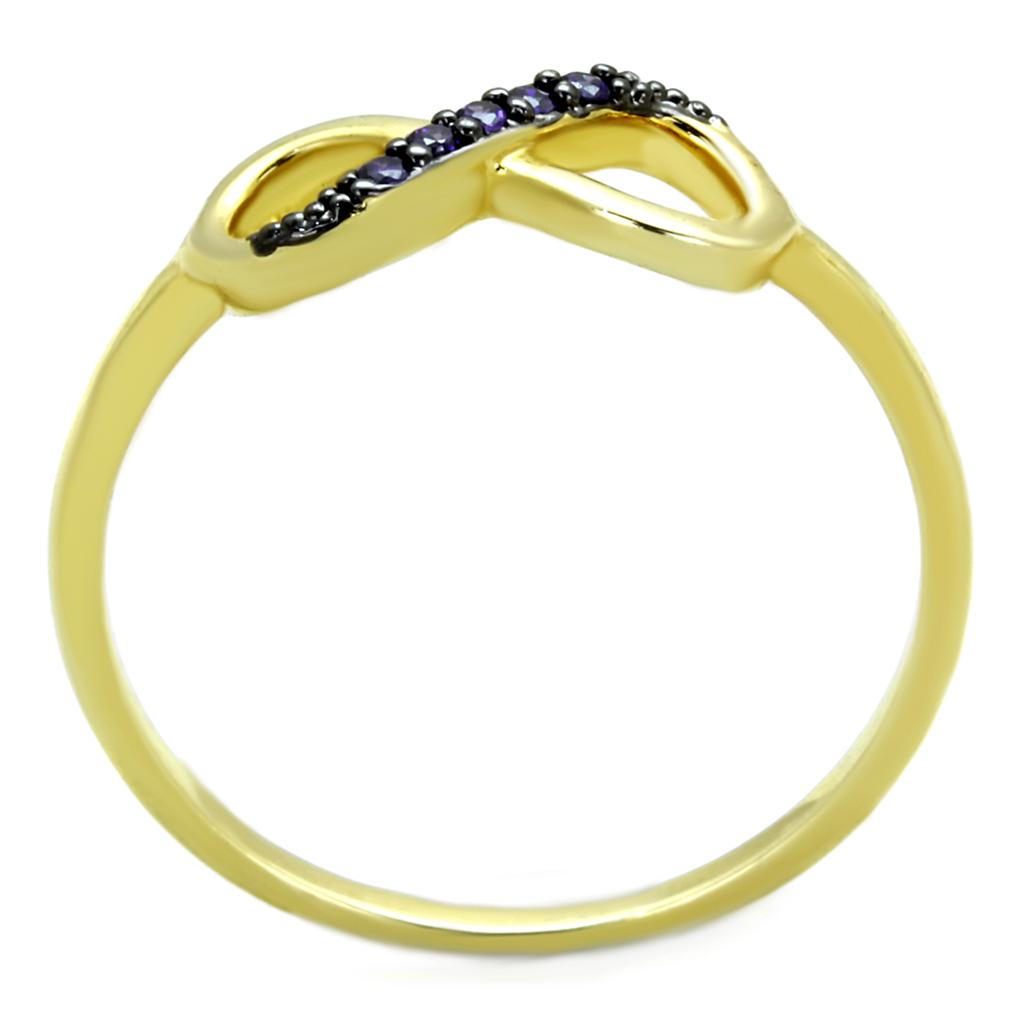 3W727 Gold and Ruthenium Brass Ring featuring AAA Grade CZ in Tanzanite, showcasing its elegant design and vibrant color.