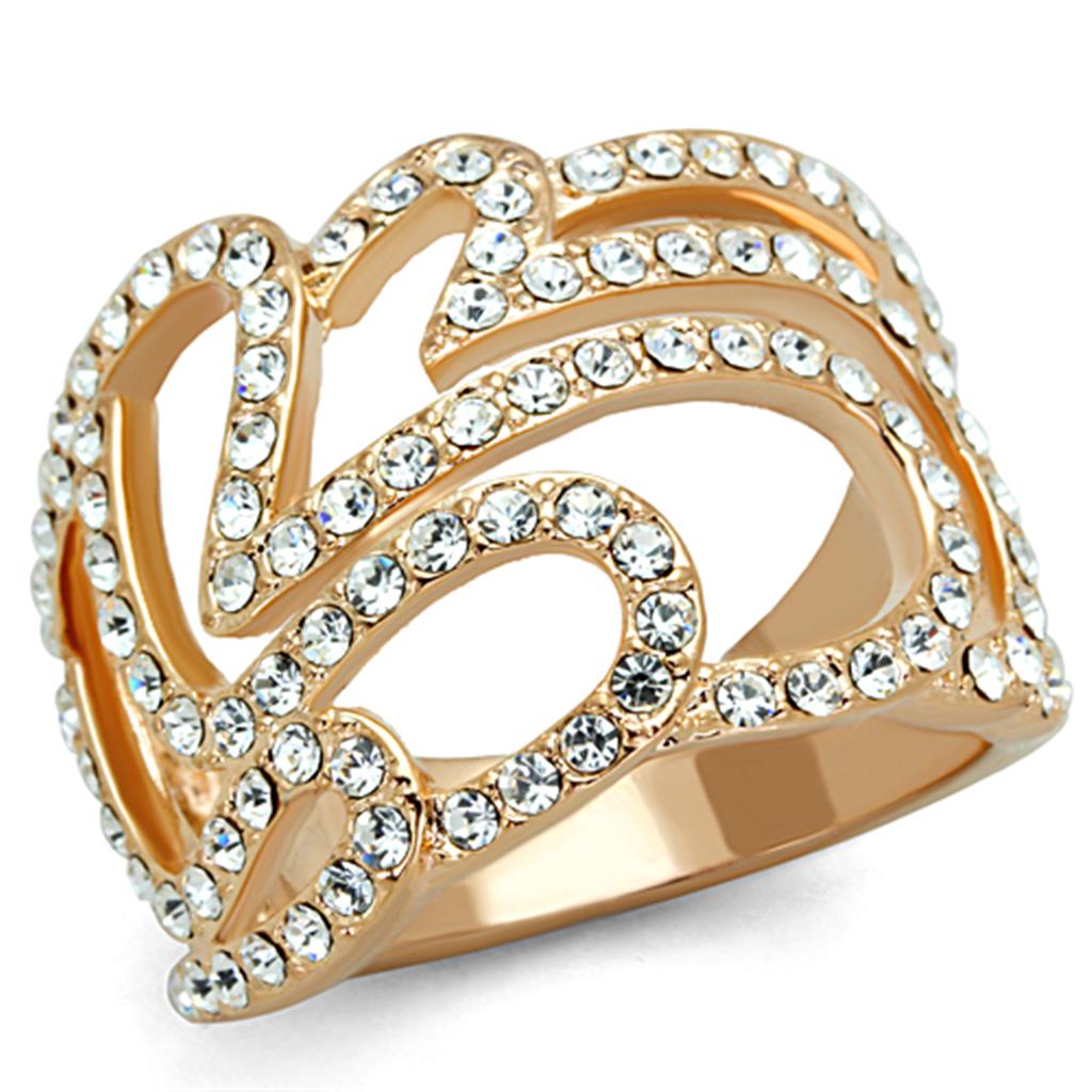 3W733 Rose Gold Brass Ring featuring a clear top grade crystal, elegantly designed for a sophisticated look.