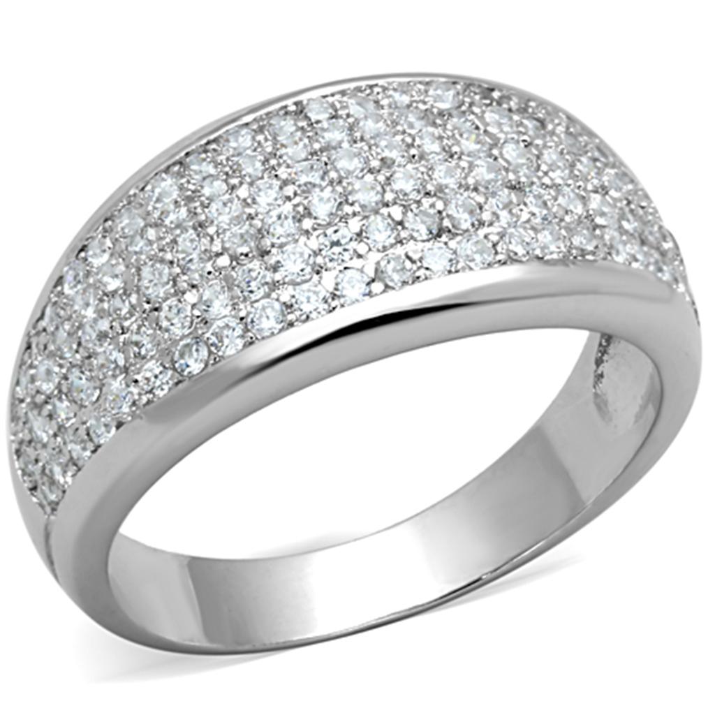 3W730 Rhodium Brass Ring featuring a clear AAA Grade CZ stone, showcasing its elegant design and polished finish.