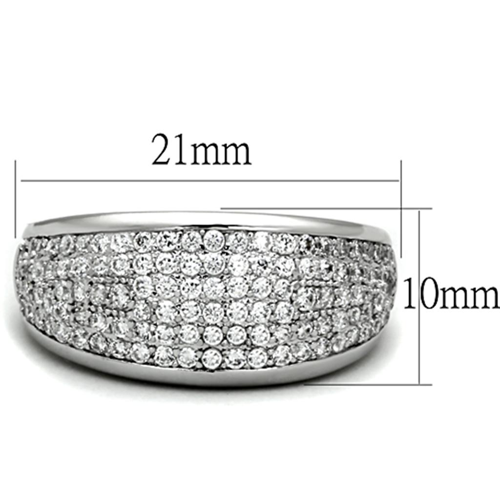 3W730 Rhodium Brass Ring featuring a clear AAA Grade CZ stone, showcasing its elegant design and polished finish.