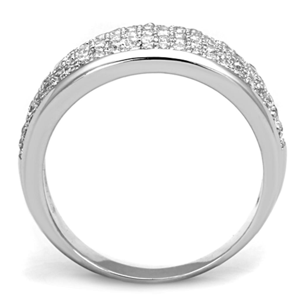 3W730 Rhodium Brass Ring featuring a clear AAA Grade CZ stone, showcasing its elegant design and polished finish.