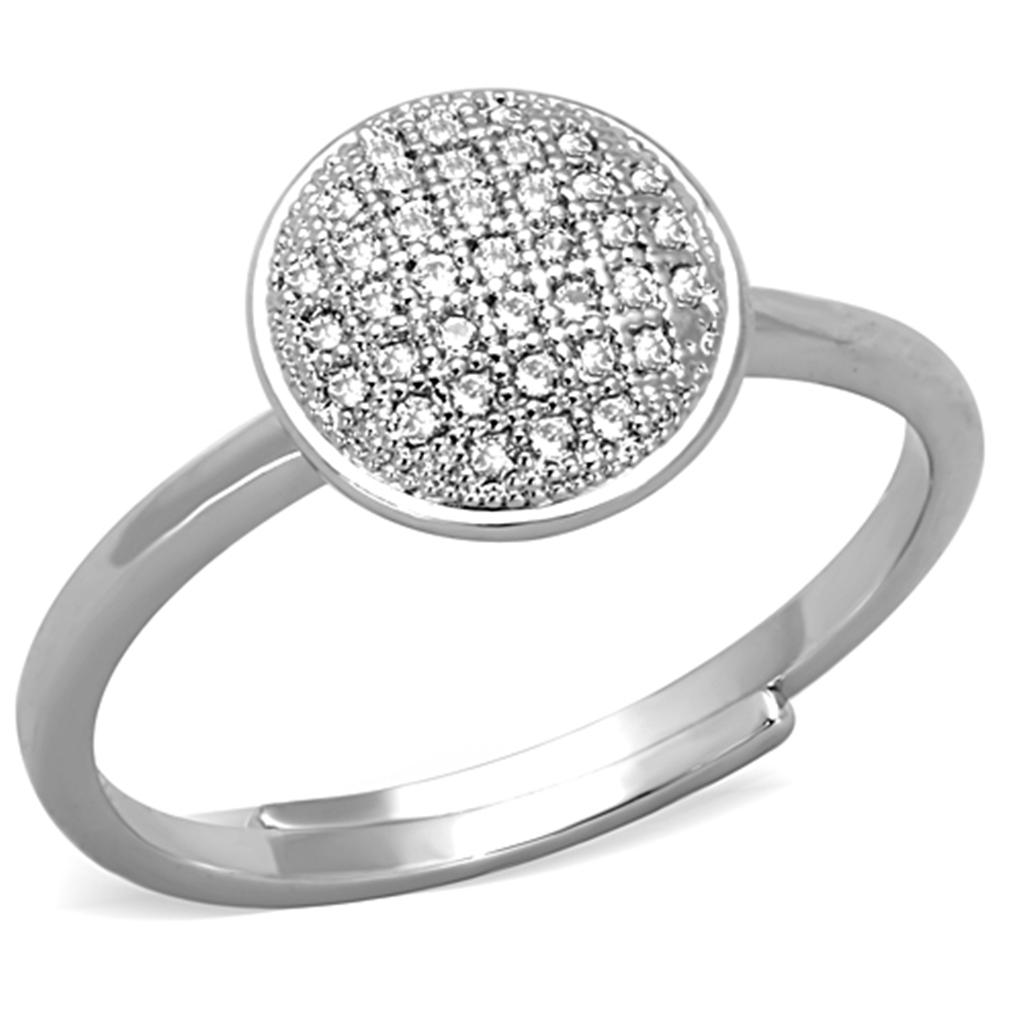 3W749 Rhodium Brass Ring featuring AAA Grade Clear CZ, showcasing its elegant design and sparkling center stone.