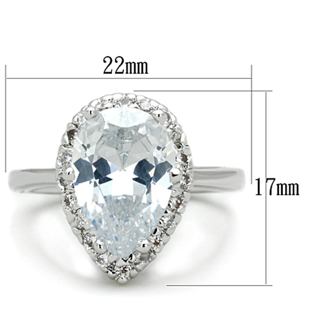 3W750 Rhodium Brass Ring featuring a clear AAA Grade CZ stone, showcasing its elegant design and shiny finish.