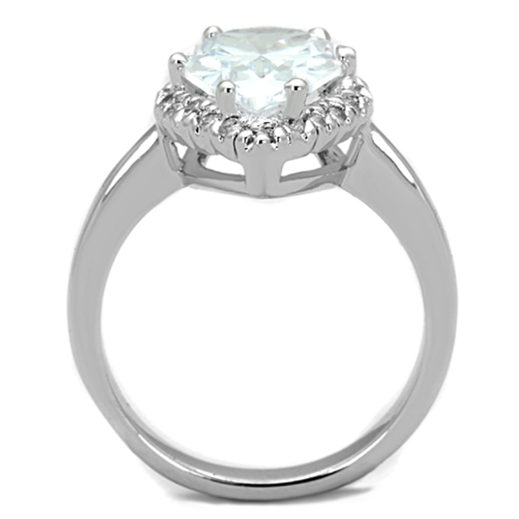 3W750 Rhodium Brass Ring featuring a clear AAA Grade CZ stone, showcasing its elegant design and shiny finish.