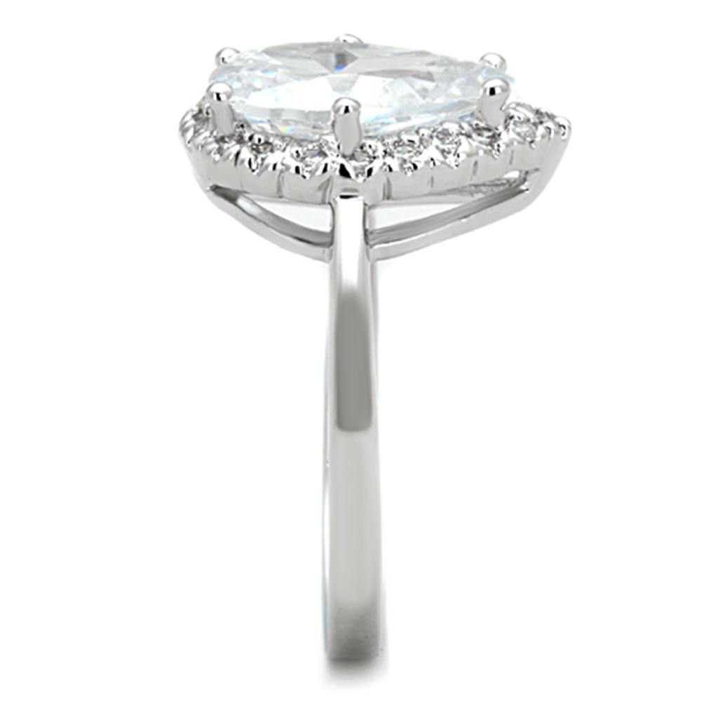 3W750 Rhodium Brass Ring featuring a clear AAA Grade CZ stone, showcasing its elegant design and shiny finish.