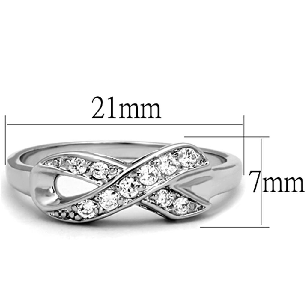 3W757 Rhodium Brass Ring featuring a clear AAA Grade CZ center stone, showcasing its elegant design and shiny finish.