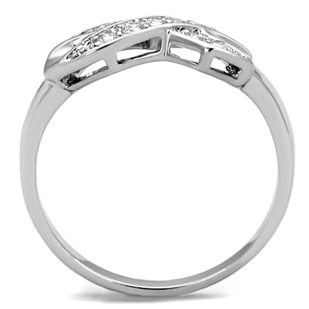 3W757 Rhodium Brass Ring featuring a clear AAA Grade CZ center stone, showcasing its elegant design and shiny finish.