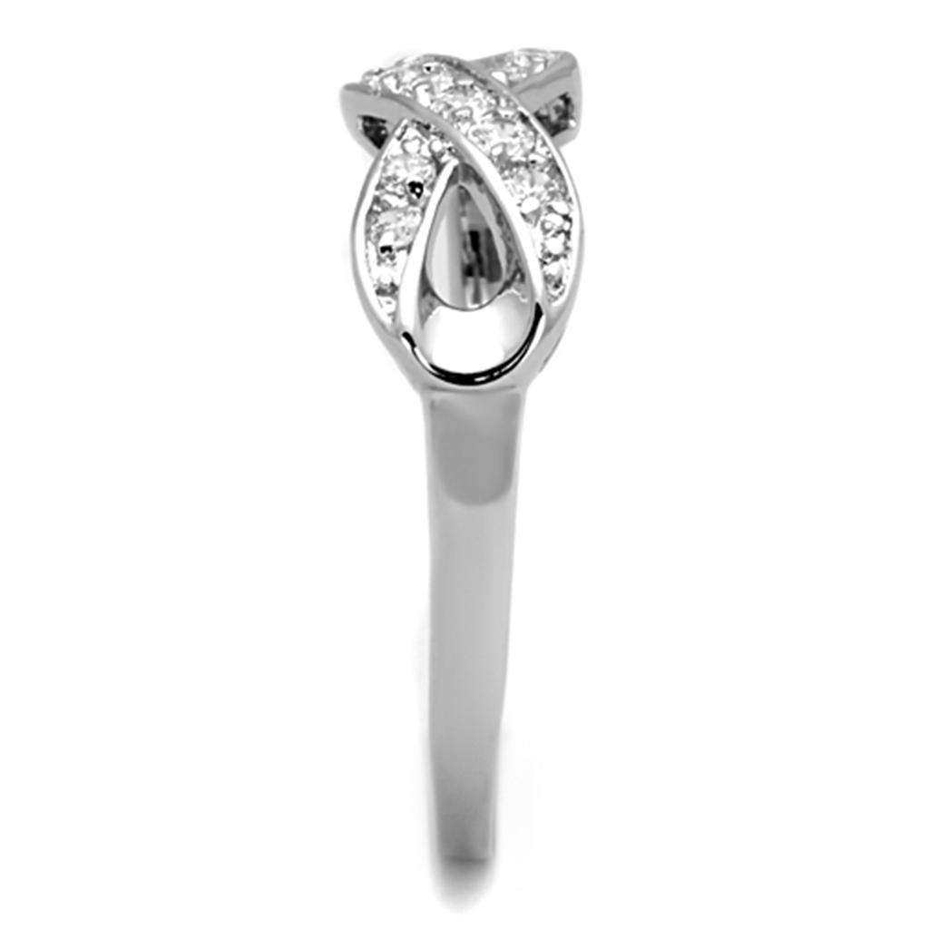 3W757 Rhodium Brass Ring featuring a clear AAA Grade CZ center stone, showcasing its elegant design and shiny finish.