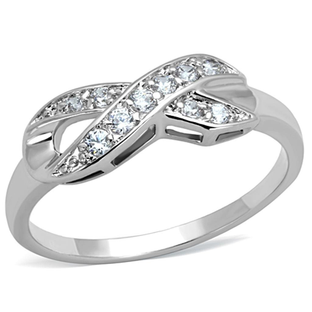 3W757 Rhodium Brass Ring featuring a clear AAA Grade CZ center stone, showcasing its elegant design and shiny finish.