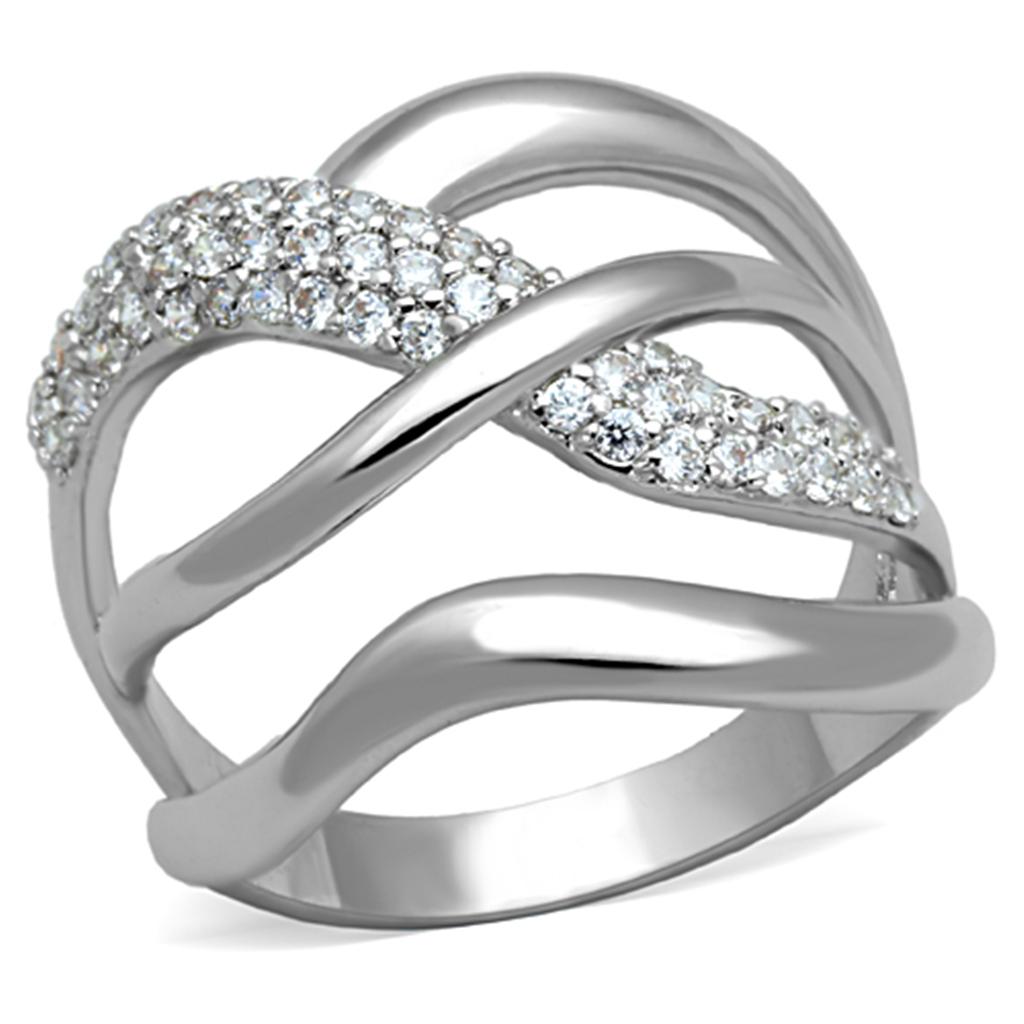 3W766 Rhodium Brass Ring featuring AAA Grade CZ stone, showcasing its elegant design and clear sparkle.