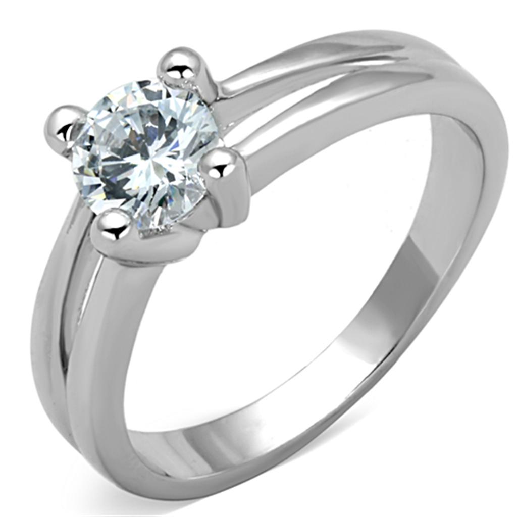 3W764 Rhodium Brass Ring featuring a clear AAA Grade CZ stone, showcasing its elegant design and shiny finish.