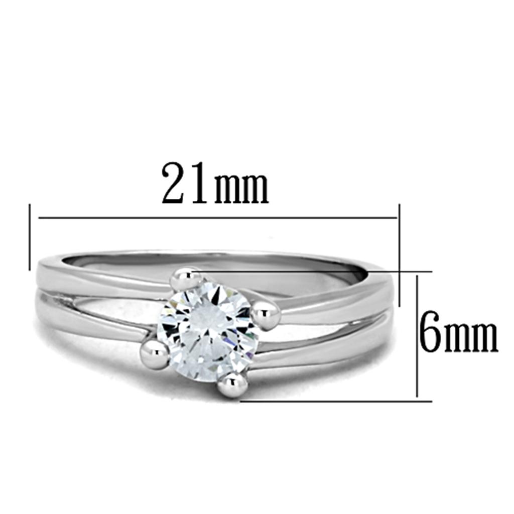 3W764 Rhodium Brass Ring featuring a clear AAA Grade CZ stone, showcasing its elegant design and shiny finish.