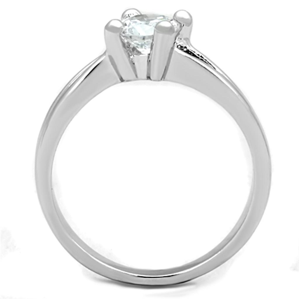 3W764 Rhodium Brass Ring featuring a clear AAA Grade CZ stone, showcasing its elegant design and shiny finish.