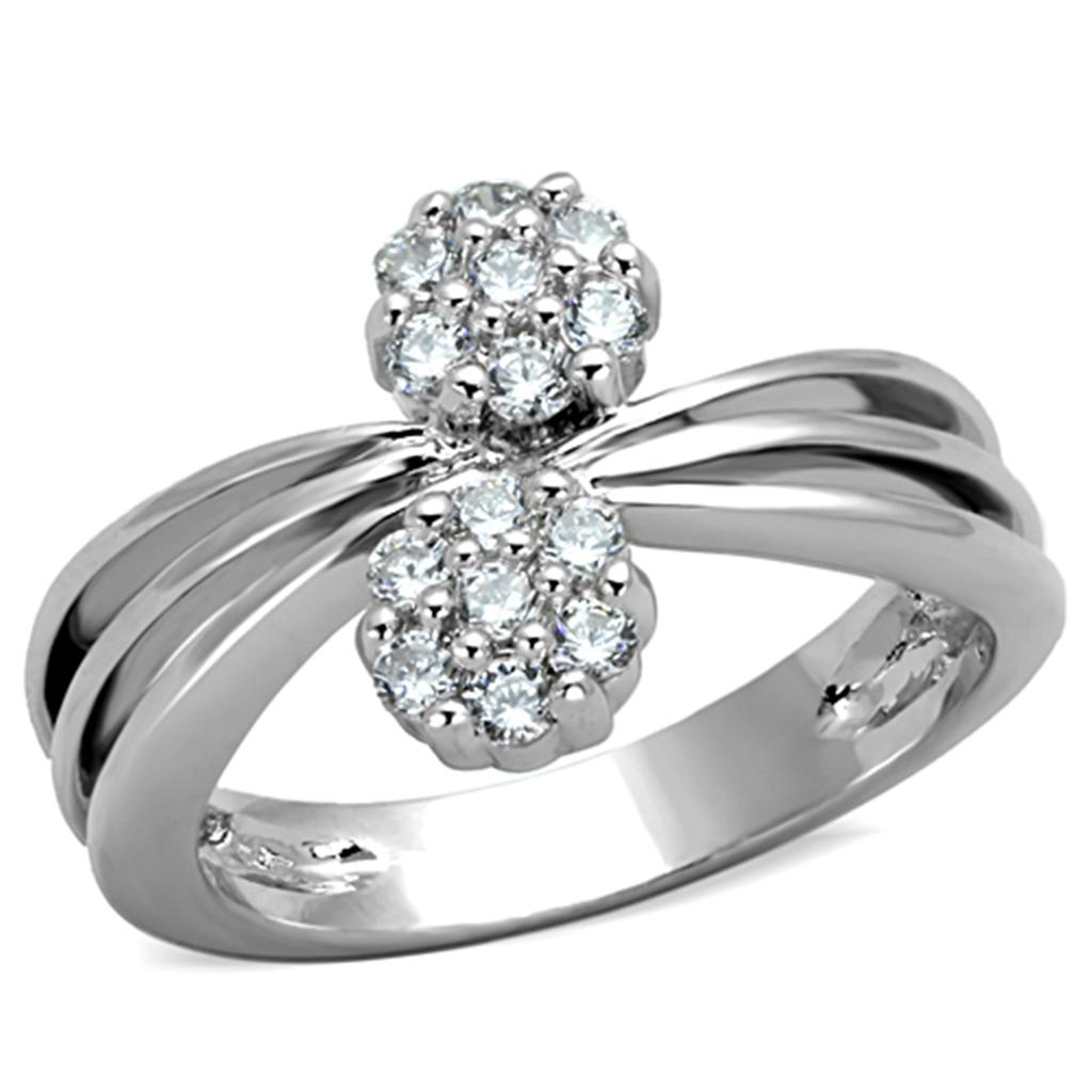 3W767 Rhodium Brass Ring featuring a clear AAA Grade CZ stone, showcasing its elegant design and shiny finish.