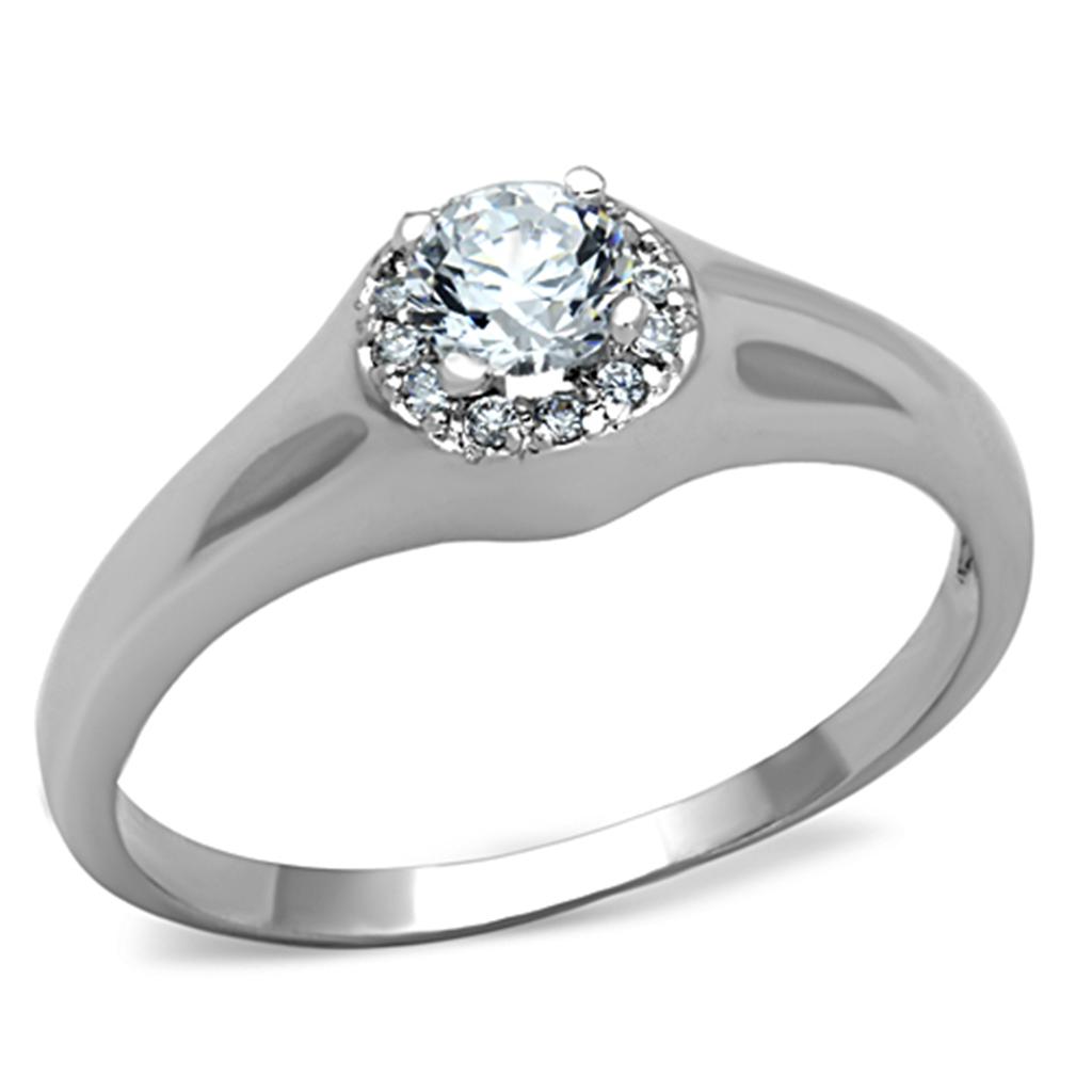 3W780 Rhodium Brass Ring featuring a clear AAA Grade CZ stone, elegantly designed for durability and style.