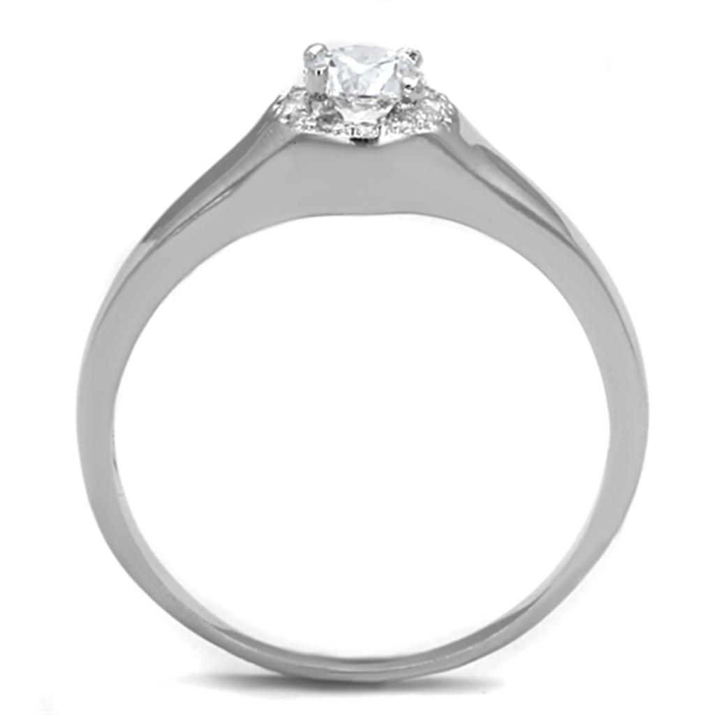 3W780 Rhodium Brass Ring featuring a clear AAA Grade CZ stone, elegantly designed for durability and style.